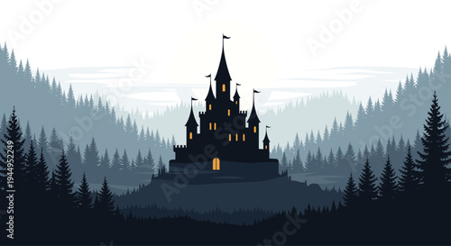 A dark, majestic castle with glowing windows and multiple spires stands on a forested hill, silhouetted against a pale moon.