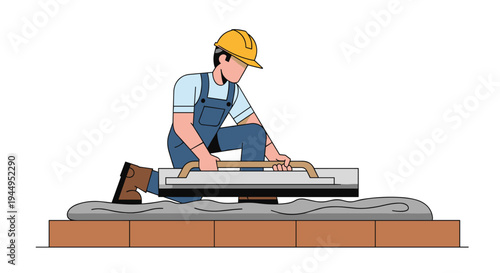 A construction worker in a yellow hard hat and blue overalls kneels, smoothing grey concrete on a brick base with a float tool.