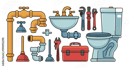 Plumbing tools and bathroom equipment flat line art illustration with colorful sink toilet and wrenches
