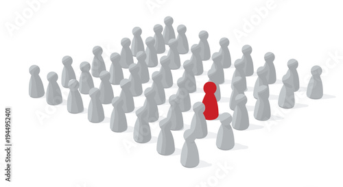 A single red wooden pawn stands out among a dense formation of forty-four identical grey pawns on a clean white background.