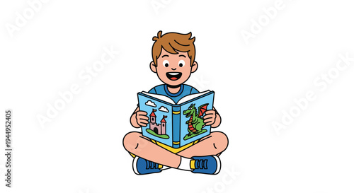 A cheerful young boy with brown hair sits cross-legged, engrossed in reading an open storybook depicting a castle and a green dragon, smiling against a plain white background.
