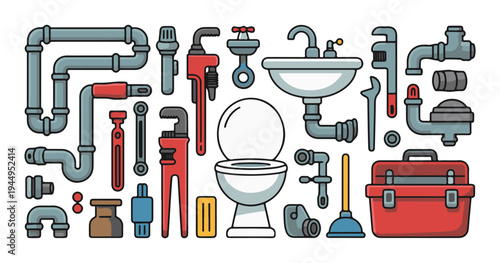 Comprehensive plumbing maintenance icon set with colorful outline illustrations of tools and pipe fittings