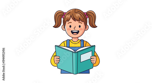 A smiling young girl with brown pigtails holds and reads an open, light blue book with a blank white page, looking directly forward against a simple, clean white background.