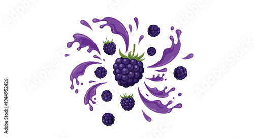 A large central blackberry and several smaller ones are surrounded by dynamic purple juice splashes and droplets radiating outwards in a circular pattern against a clean white backdrop.