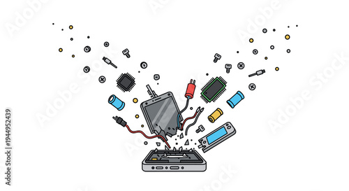 A shattered smartphone at the bottom explodes, sending various internal components like circuit boards, wires, and screws scattering upwards against a plain white background.