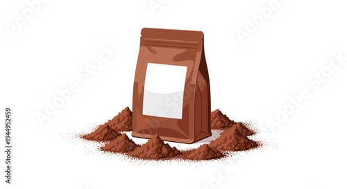 A dark brown stand-up pouch with a blank white label is centrally placed, surrounded by several small piles of brown powder on a clean white background.