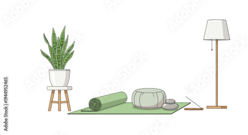 A serene meditation setup features a rolled yoga mat, a round cushion, and a burning incense stick next to a potted snake plant and a tall floor lamp on a clean white background.