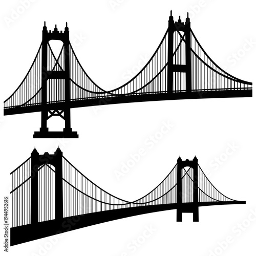 A minimalist vector graphic illustration of a suspension bridge in silhouette mode