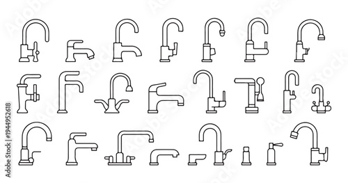 Collection of various outline water taps or faucets for bathroom and kitchen sinks set in linear style