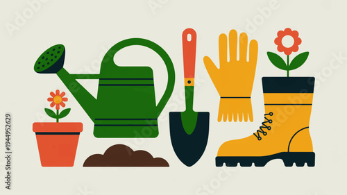 Gardening tools and plants on beige background including watering can gloves boot shovel flower pot and soil for landscaping and horticulture activities