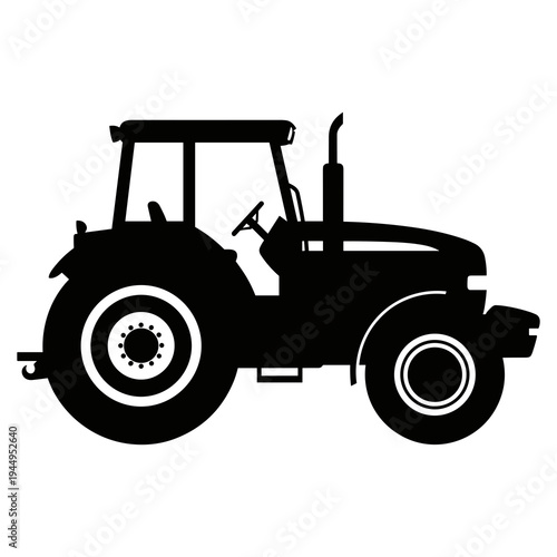 A black silhouette of a tractor on a white background, representing agriculture and farming in a simple, iconic design silhouette