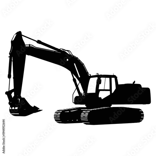 A black silhouette of an excavator against a white background