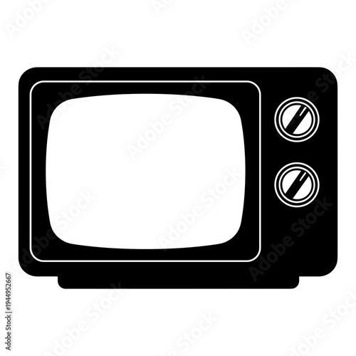 A minimalist vector graphic of an old television set with a blank screen and two dials silhouette