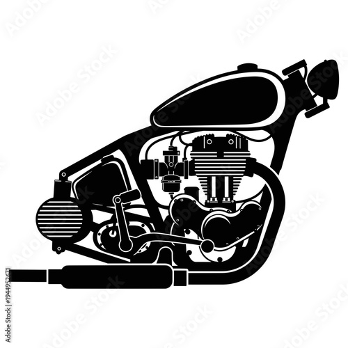 A minimalist vector graphic illustration of a motorcycle silhouette in black and white