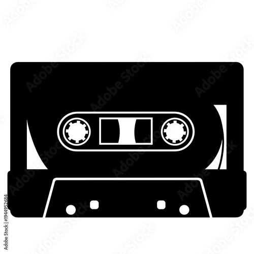 A minimalist vector graphic of a black cassette tape on a white background silhouette
