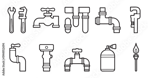 Plumbing thin line icon set featuring faucets wrenches and pipe fittings for professional repair services