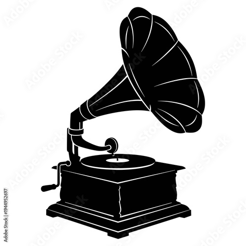 A minimalist vector graphic of a vintage gramophone in silhouette mode
