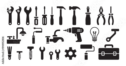 Handyman tool silhouettes collection including wrenches hammers screwdrivers and home maintenance equipment