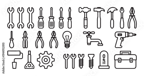 Set of basic vector icons for plumbing, home repairs and construction, repair tools line icon vector