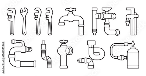 Set of pipe icon vector, plumbing pipes, spanner and faucet line icon vector graphic design