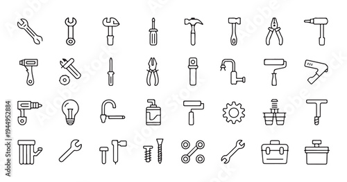 Set of basic vector icons for plumbing, home repairs and construction, repair tools line icon vector