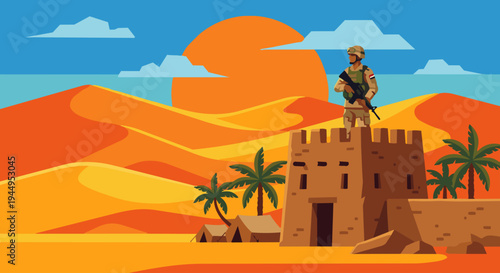 Egyptian Soldier at Desert Outpost

Flat vector illustration of an Egyptian soldier standing watch at a desert outpost. Sand dunes, small fortress, and sun in background. Flat vector style, 