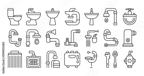 Assorted plumbing related icons drawn in a clean line art style on a white background