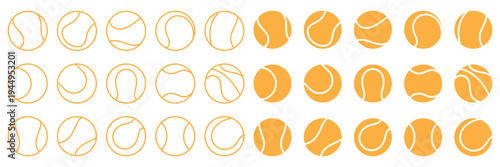 Tennis ball icon set. Sport equipment vector set. Tennis ball collection with static and motion versions for match, training, and game design.