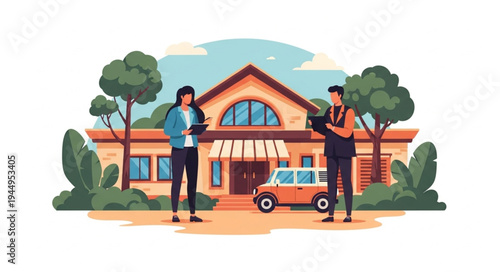 Two people standing outside a house with a car.