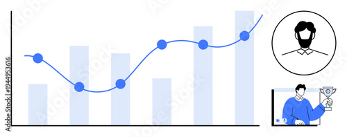 Data chart with connected points showing growth trend, accompanied by profile avatar and an individual holding a trophy. Ideal for business analysis, performance tracking, career achievements