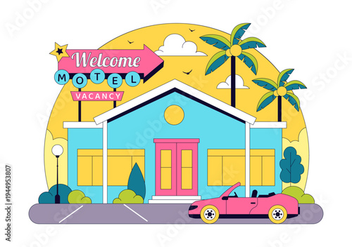 Retro Roadside Motel Illustration With Neon Sign, Palm Trees, Vintage Cars, Colorful Summer Travel Accommodation, American Highway Lodging Scene