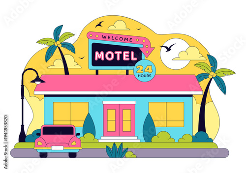 Retro Roadside Motel Illustration With Neon Sign, Palm Trees, Vintage Cars, Colorful Summer Travel Accommodation, American Highway Lodging Scene