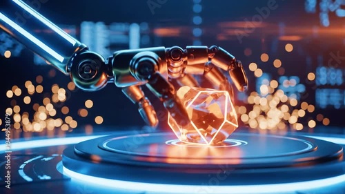 A robotic arm interacts with a glowing orange crystal on a futuristic blue-lit platform