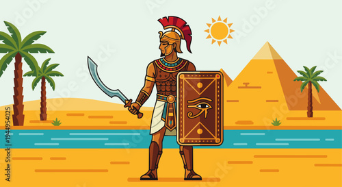 Egyptian Soldier with Khopesh Sword

Flat vector illustration of an ancient Egyptian soldier holding a khopesh (curved Egyptian sword). Decorative shield and traditional armor visible. Flat vector