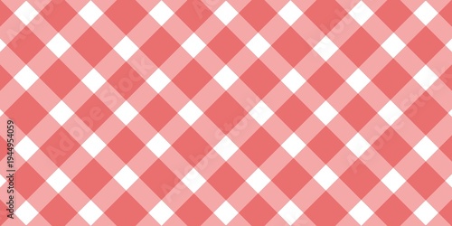 Classic red and white diagonal checkered pattern, seamless gingham textile background, traditional picnic tablecloth fabric texture design for kitchen decor or summer style print.