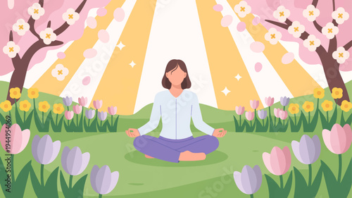 Woman meditates peacefully in serene garden with blooming flowers and trees surrounded by vibrant tulips and sunshine