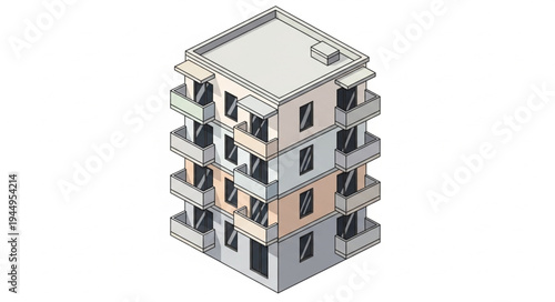 Modern Apartment Building with Balconies and Windows.