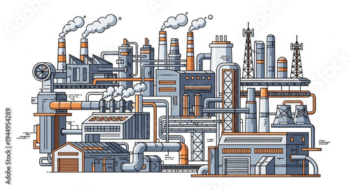 Industrial Factory Complex with Smoking Chimneys and Pipes.