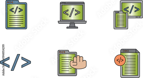 Web Development and Programming Code Icons Set with HTML Files Monitor and Coding Symbols
