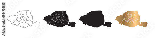 Vector maps of Paris, the capital of France, in various styles, with black and gold line art.