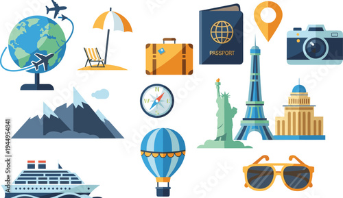 Travel and Vacation Icons Set with Globe Airplane Passport Landmarks Cruise and Hot Air Balloon