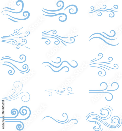 Doodle wind line sketch icon set collection group, hand drawn breeze swirl air flow motion outline symbol, minimal weather element, simple gust, abstract curve design for logo ui infographic.