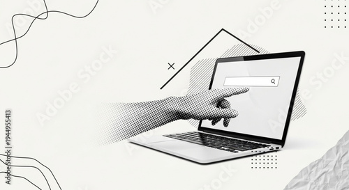 Modern digital concept featuring a hand pointing to a laptop search bar, representing online search, internet navigation, and technology