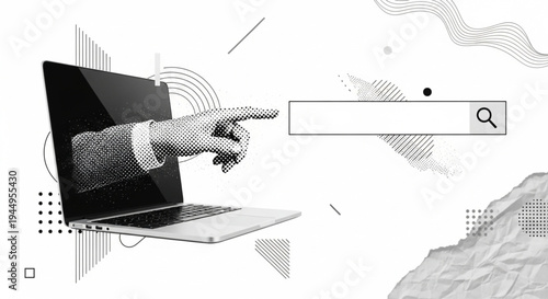 Hand emerging from a laptop screen pointing to a search bar, representing online search and digital interaction