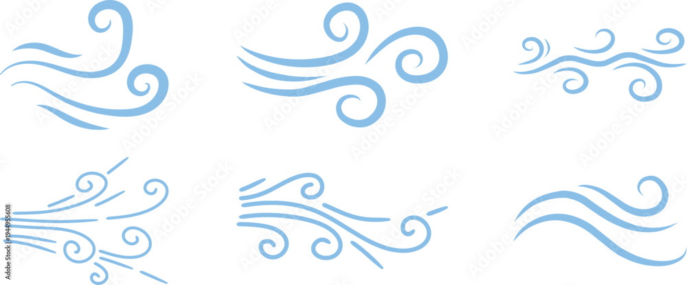 Fototapeta premium Doodle wind line sketch icon set collection group, hand drawn breeze swirl air flow motion outline symbol, minimal weather element, simple gust, abstract curve design for logo ui infographic.