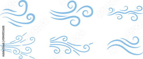 Doodle wind line sketch icon set collection group, hand drawn breeze swirl air flow motion outline symbol, minimal weather element, simple gust, abstract curve design for logo ui infographic.
