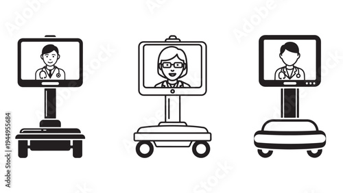Telepresence robots with video screens vector representing remote communication and virtual meeting technology