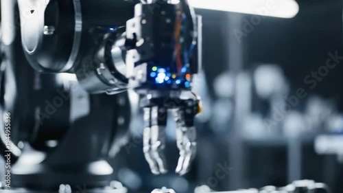 A close-up view of industrial robotic arms in a dark environment