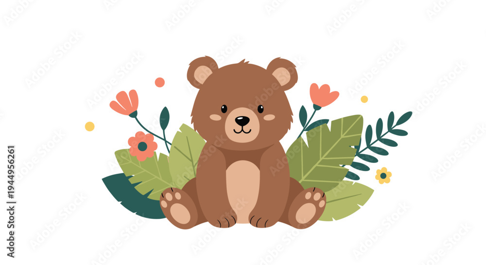 Naklejka premium Adorable brown teddy bear sitting among colorful flowers and green leaves in a charming garden setting for young children.