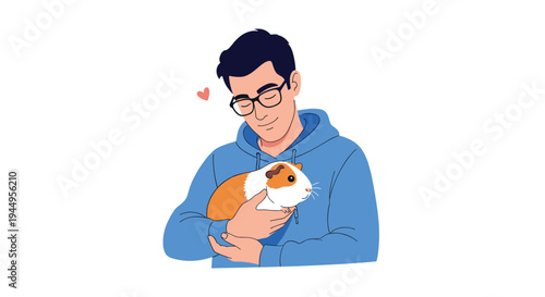 Kind young man wearing glasses and a blue hoodie holding and cuddling a cute guinea pig with love and care at his home.